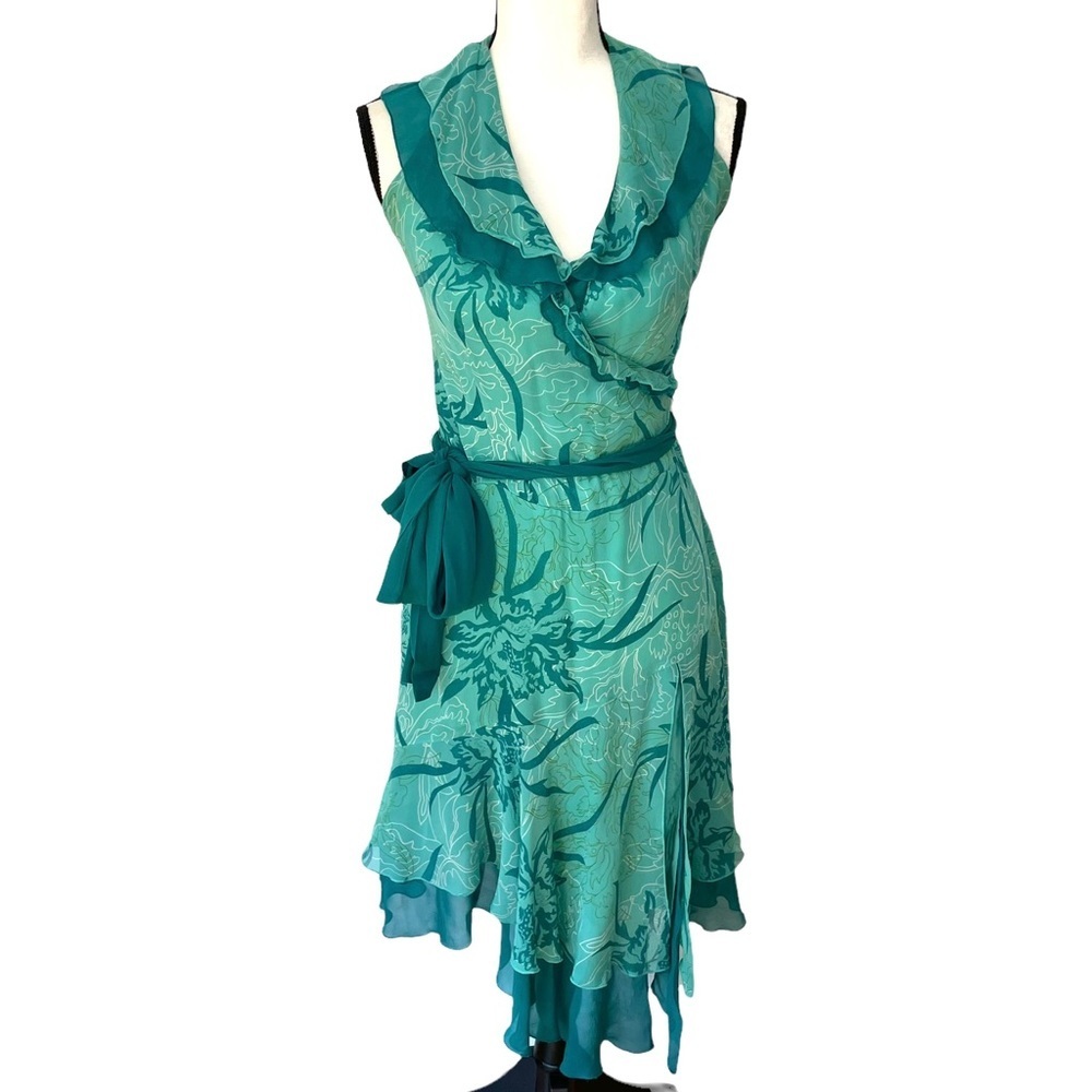 Bebe | Green Floral Silk Halter Ruffle Dress